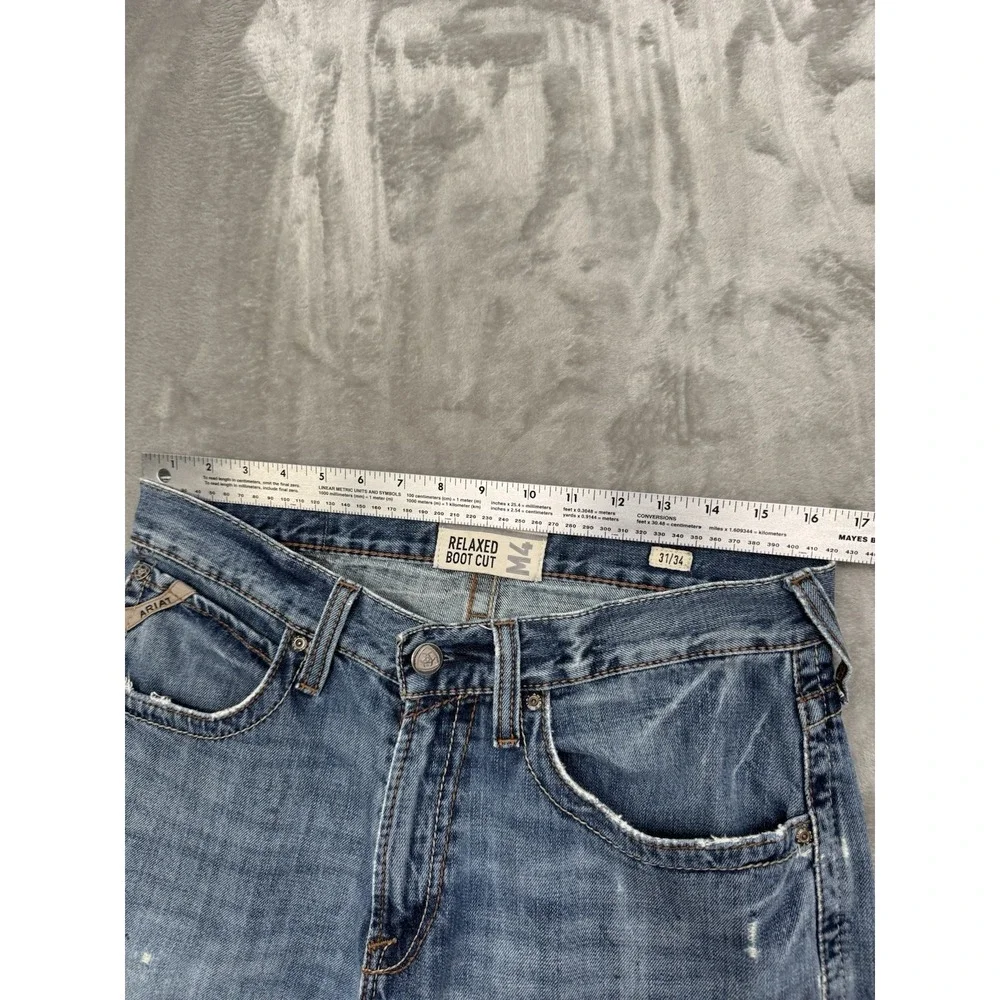 Ariat M4 Jeans Mens 31x34 Blue Denim Bootcut Stretch Distressed Western Cowboy